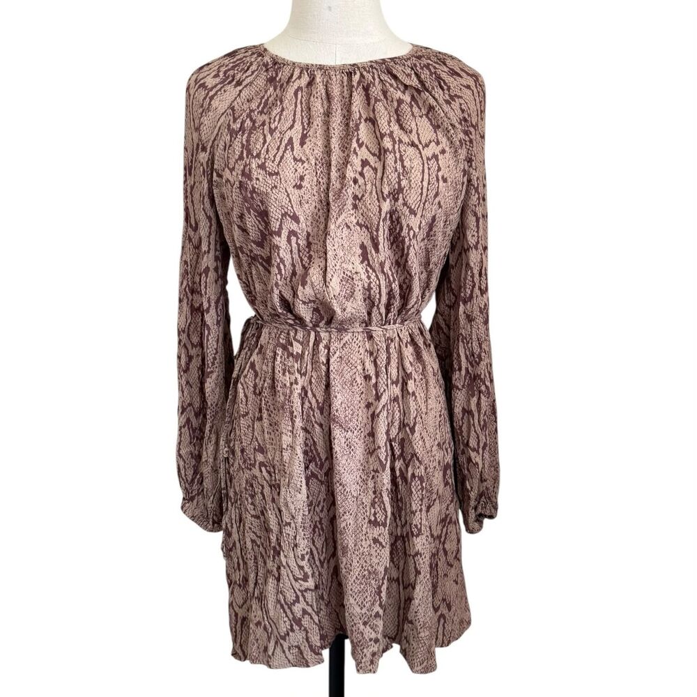 GB Snake Print Mini Dress Small Brown Beige Long Sleeve Tie Waist Rayon